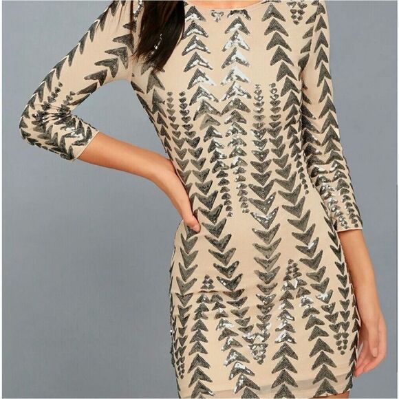 Womens Lulus Stunning Nude & Gunmetal Sequin BodyCon Mini Dress - Sz S - Picture 4 of 7